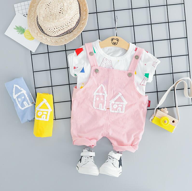 Pink / 12M - HYLKIDHUOSE 2019 Summer Baby Girls Boys Clothing Sets Infant Clothes Suits T Shirt Strap Shorts Kids Children Vacation Costume