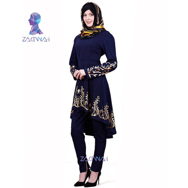 navy / L - ZK009 Fashion Muslim Solid color hot stamping top gilded Printing Women's clothing Middle East Ramadan Islamic Abaya