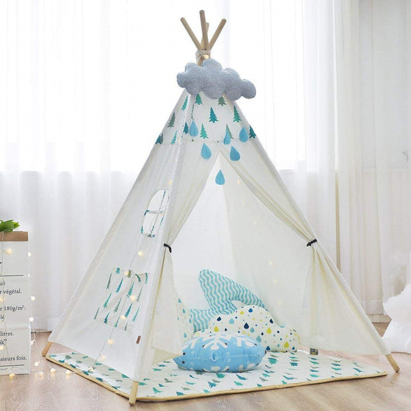 [variant_title] - Large Canvas Teepee Tent Kids Teepee Tipi with Grey Pom Poms Indian Play Tent House Children Tipi Tee Pee Tent NO MAT
