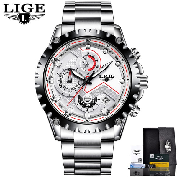 Steel White - LIGE Watch Men Fashion Sport Quartz Clock Mens Watches Top Brand Luxury Full Steel Business Waterproof Watch Relogio Masculino