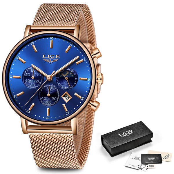 Rose Gold Blue - LIGE Fashion Men Watches Male Top Brand Luxury Quartz Watch Men Casual Slim Dress Waterproof Sport WristWatch Relogio Masculino