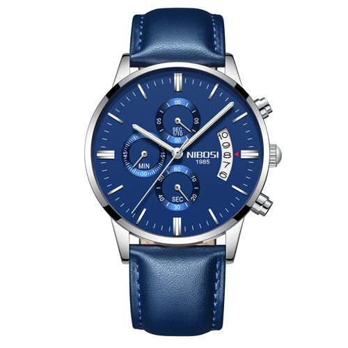 Silver Blue Leather - NIBOSI Relogio Masculino Men Watches Luxury Famous Top Brand Men's Fashion Casual Dress Watch Military Quartz Wristwatches Saat