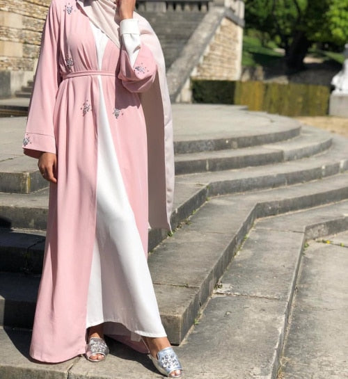 pink / L - Muslim Diamonds Beading Cardigan Abaya Full Dress Kimono Long Robe Gowns Jubah Dubai Middle East Ramadan Arab Islamic Clothing