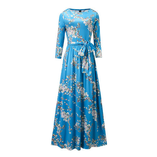 Color 1 / L - Autumn New Muslim Floral Print Abaya in Dubai Long Seleeve Islamic Clothing