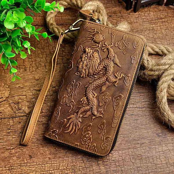 Brown dargon - Cattle Male Genuine leather Fashion Card Holder Checkbook Zipper Around Organizer Wallet Purse Design Clutch Handbag 1016
