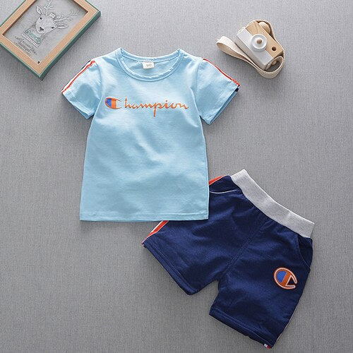 Blue / 2T - 2019 new summer baby boys fashion clothing sets letter t shirt + shorts 2 pcs clothes for children kids cotton clothes suit