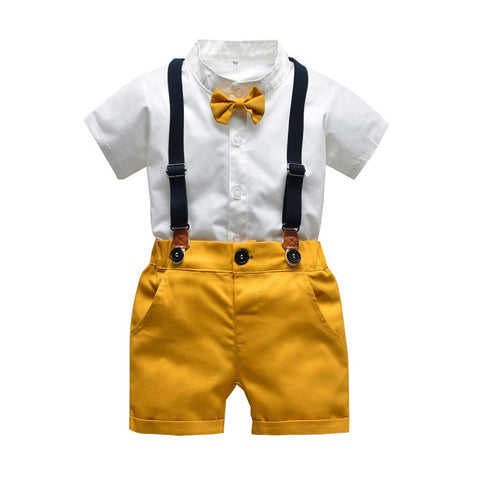 White / 12M - Cartoon pattern print set Infant Baby Boys Gentleman Bow Tie T-Shirt Tops+Solid Shorts Overalls Outfits toddler boy clothes #06