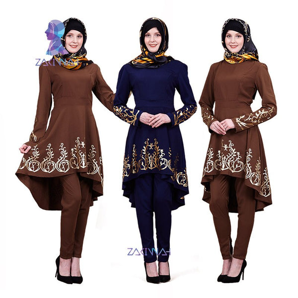 brown navy brown / L - ZK009lot Muslim hot stamping top gilded Printing Women's clothing Middle East Solid color Ramadan Islamic Abaya 3pieces/lot