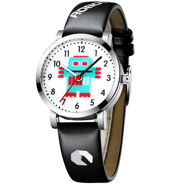 black - KDM Fashion Cartoon Robot Watches For Kids Children Waterproof Leather Straps Sport Wristwatch Quartz Watch Boy Girl Cute Clock