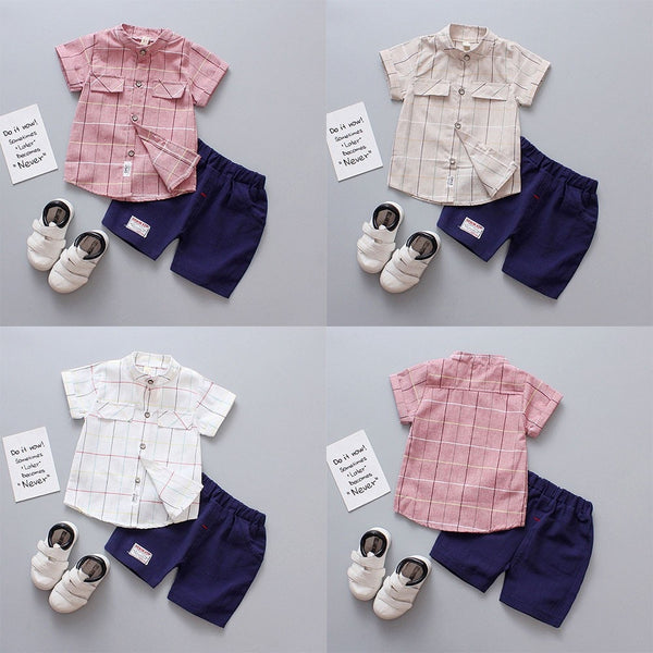 [variant_title] - Kids Clothes Set Baby Boy Casual Outfits Plaid Print Short Sleeves Open Stitch Top Pants Set Formal Party Gentleman Boy Clothes