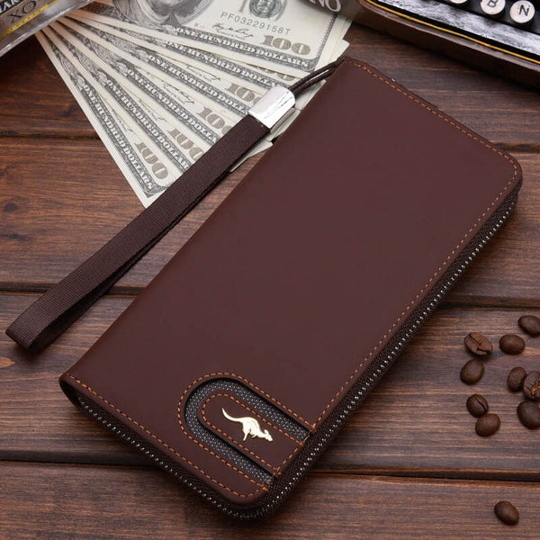 Coffee A - New Men Leather Wallet High Quality Zipper Wallets Men Long Purse Male Clutch Phone Bag Wristlet Coin Purse Card Holder MWS184