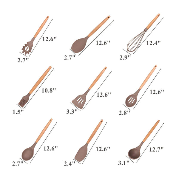 [variant_title] - Kitchen Utensils - Cooking Utensil - 9-piece Silicone Utensil Set Spatula Set with Beech Wood Handle - for Nonstick Pots Pans