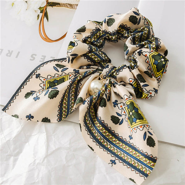 Khaki  Pearl 4 - New Chiffon Bowknot Elastic Hair Bands For Women Girls Pearl Scrunchies Headband Hair Ties Ponytail Holder Hair Accessories