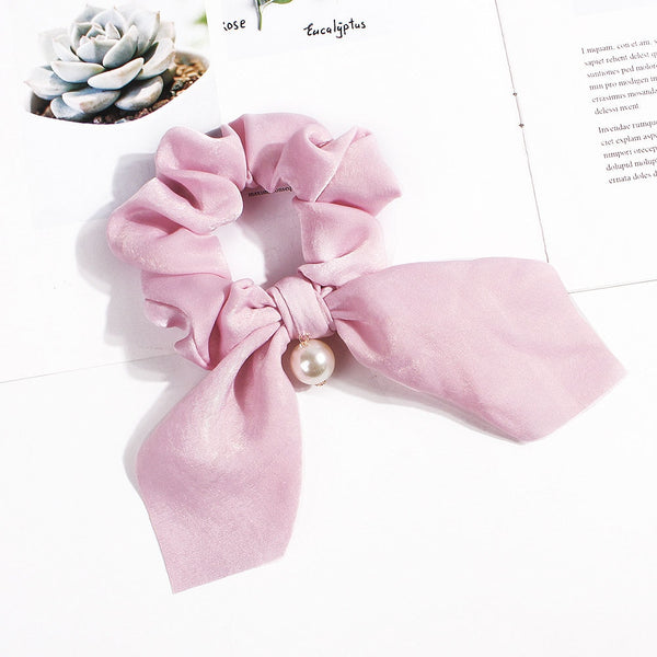 Pearl Pink - New Chiffon Bowknot Elastic Hair Bands For Women Girls Pearl Scrunchies Headband Hair Ties Ponytail Holder Hair Accessories