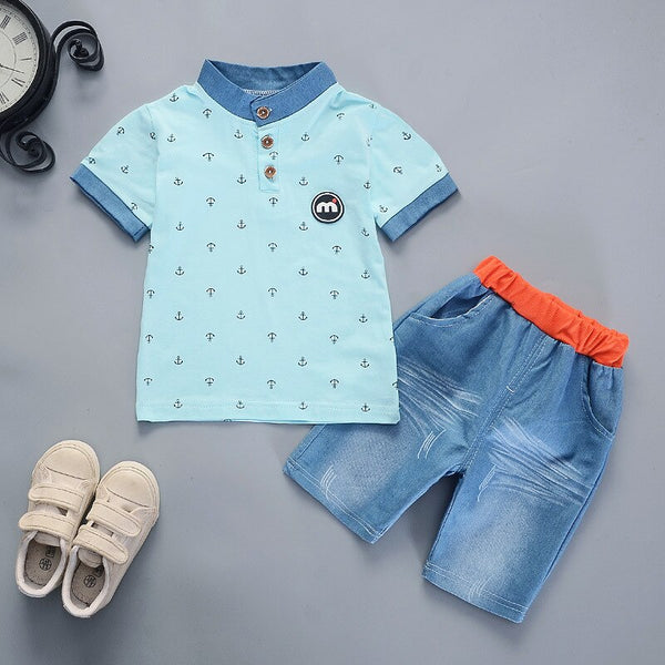 Blue / 12M - 2019 Summer boys clothes sets Baby boy fashion print T-shirt + shorts  2 pieces baby cotton clothing set