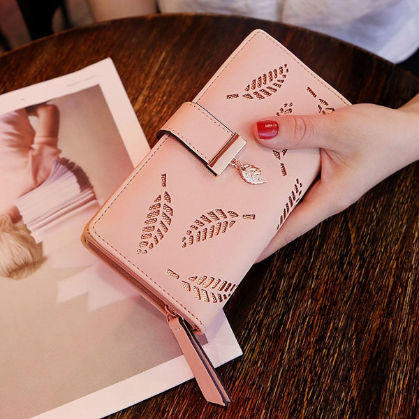 E Pink - Mara's Dream 2019 Brand Leaves Hollow Women Wallet Soft PU Leather Women's Clutch Wallet Female Designer Wallets Coin Card Purse