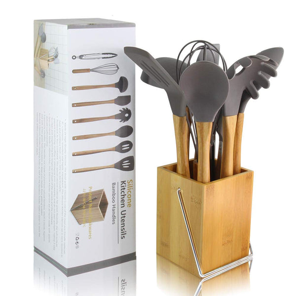 [variant_title] - LMETJMA Silicone Kitchen Utensils Set 9-Piece Cooking Tools Set with Bamboo Holder Non-stick Cookware KC0212