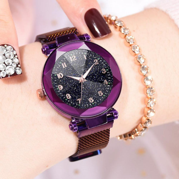 Purple - Watches Women Fashion Luxury Stainless Steel Magnetic Buckle Strap Refractive surface Luminous Dial Ladies Quartz Watch