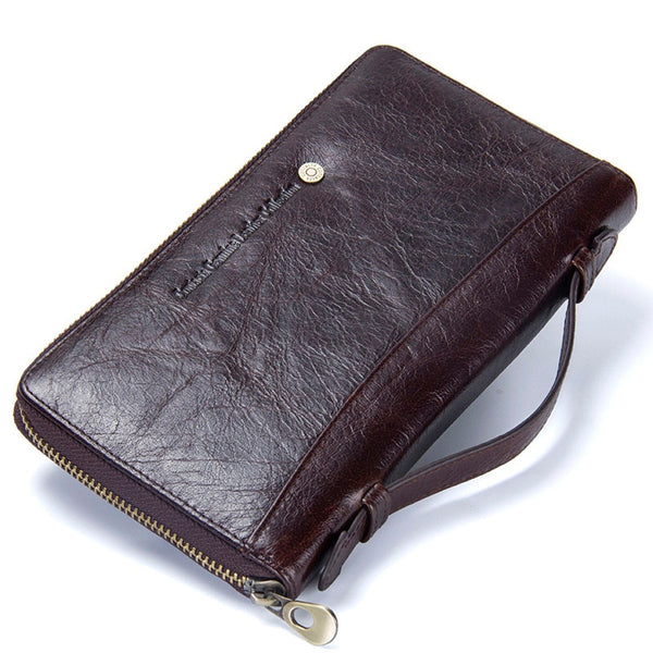Coffee - Genuine Leather Men Clutch Wallet  Brand Male Card Holder Long  Zipper Around Travel Purse With Passport Holder 6.5" Phone Case