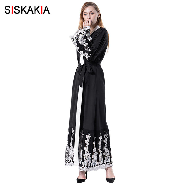 [variant_title] - Siskakia Fashion Muslim abaya formal Party Dinner Evening Cardigan robes Mesh Embroidery contrast color patchwork design tunics