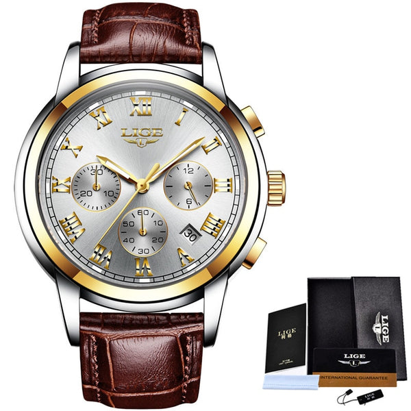 gold white leather - LIGE Watches Men Sports Waterproof Date Analogue Quartz Men's Watches Chronograph Business Watches For Men Relogio Masculino+Box