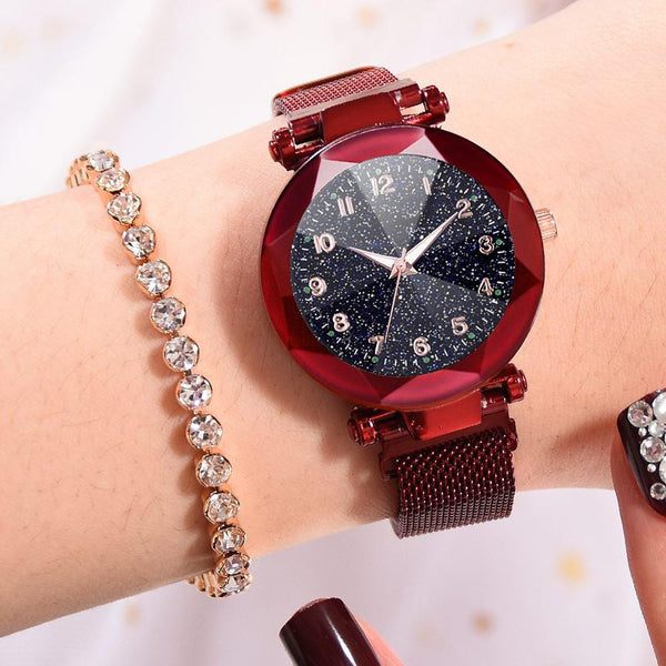 Red - Watches Women Fashion Luxury Stainless Steel Magnetic Buckle Strap Refractive surface Luminous Dial Ladies Quartz Watch
