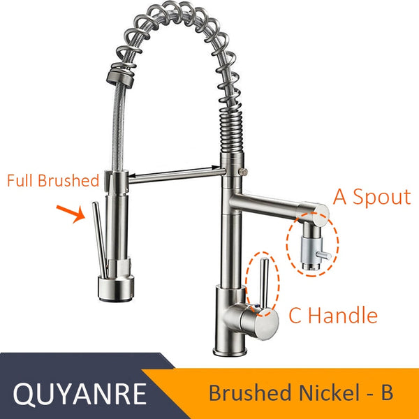 NICKEL QUANLASI - Blackend Spring Kitchen Faucet Pull out Side Sprayer Dual Spout Single Handle Mixer Tap Sink Faucet 360 Rotation Kitchen Faucets