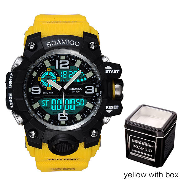 yellow with box - Men Sports Watches BOAMIGO Brand Digital LED Orange Shock Swim Quartz Rubber Wristwatches Waterproof Clock Relogio Masculino