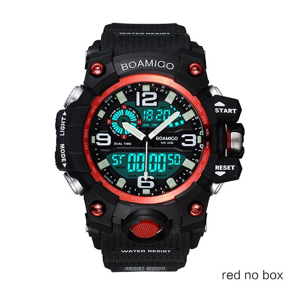 red no box - Men Sports Watches BOAMIGO Brand Digital LED Orange Shock Swim Quartz Rubber Wristwatches Waterproof Clock Relogio Masculino