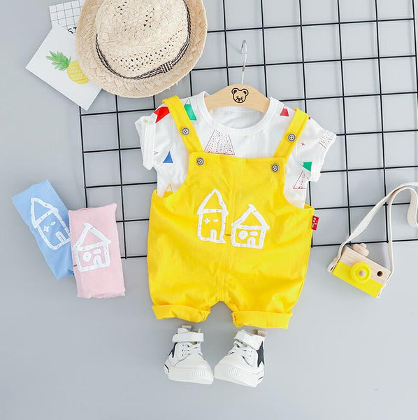 Yellow / 12M - HYLKIDHUOSE 2019 Summer Baby Girls Boys Clothing Sets Infant Clothes Suits T Shirt Strap Shorts Kids Children Vacation Costume