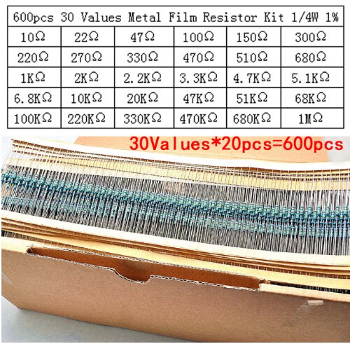 [variant_title] - 600pcs/lot 30Values* 20pcs 1% 1/4 W resistor pack set diy Metal Film Resistor kit use colored ring resistance (10 ohms~1 M ohm)
