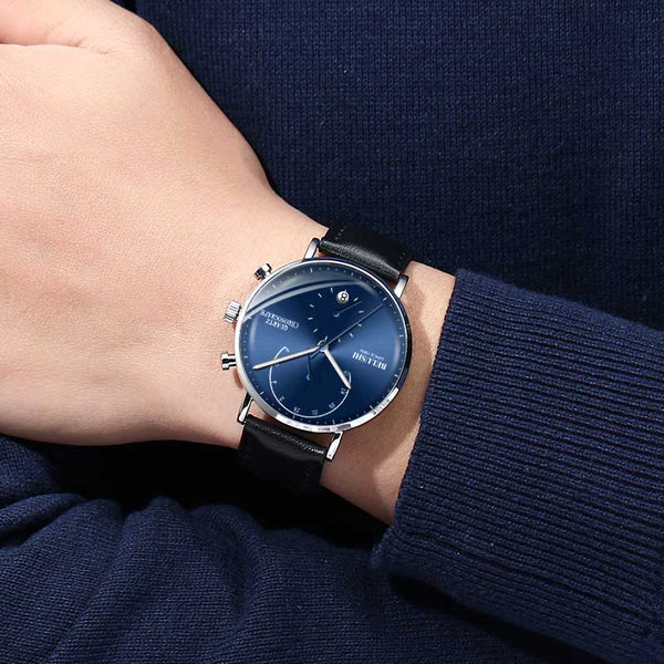 leathersilverblue - BELUSHI Fashion Quartz Watches Men Top Brand Ultra-thin Leather Men Watch Waterproof Male Auto Date Clock Relogio Masculino