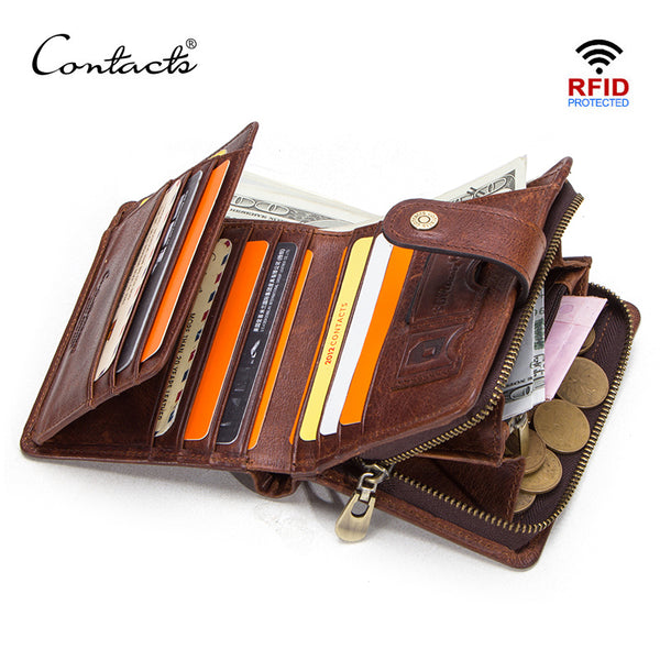 [variant_title] - CONTACT'S genuine leather RFID vintage wallet men with coin pocket short wallets small zipper walet with card holders man purse