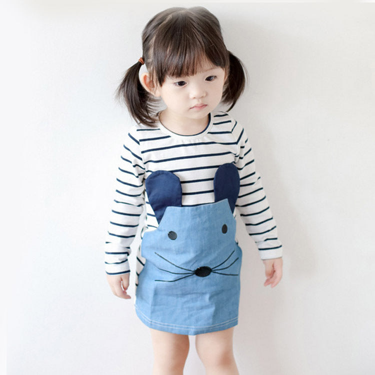 Blue / 18M - Striped Patchwork Character Girl Dresses Long Sleeve Cute Mouse Children Clothing Kids Girls Dress Denim Kids Clothes