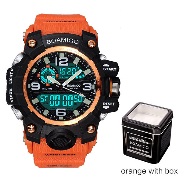 orange with box - Men Sports Watches BOAMIGO Brand Digital LED Orange Shock Swim Quartz Rubber Wristwatches Waterproof Clock Relogio Masculino