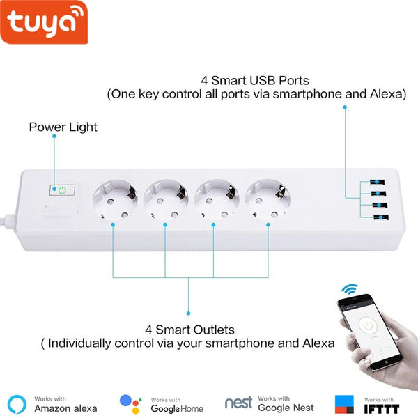 EU Type-F - Tuya smart WIFI power strip EU standard with 4 plug and 4 USB port compatible with Amazon Alexa and Google Nest