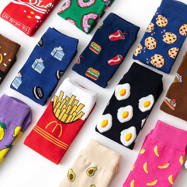 Women Socks Funny Cute Cartoon Fruits Banana Avocado Lemon Egg Cookie Donuts Food Happy Japanese Harajuku skateboard  Socks