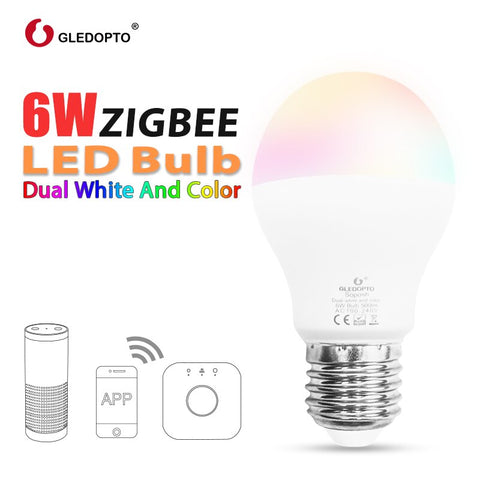 GLEDOPTO LED 6W RGB+CCT led bulb Zigbee smartLED bulb e26e27 AC100-240V WW/CW  rgb led bulb dimmable light dual white and color