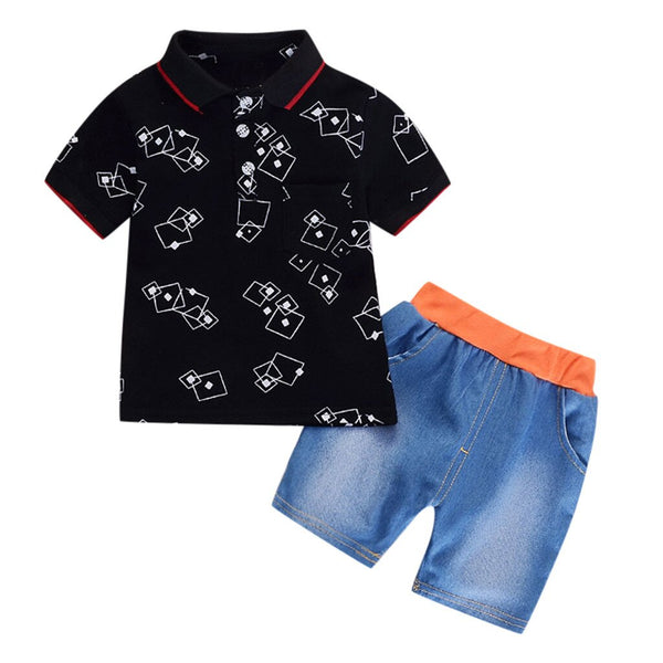 Black / 12M - Toddler Kids Boy Set Summer Fashion Kids Outfit For Boy Print Short Sleeve Clothes + Short Pants 2pcs Cildren Clothes Set