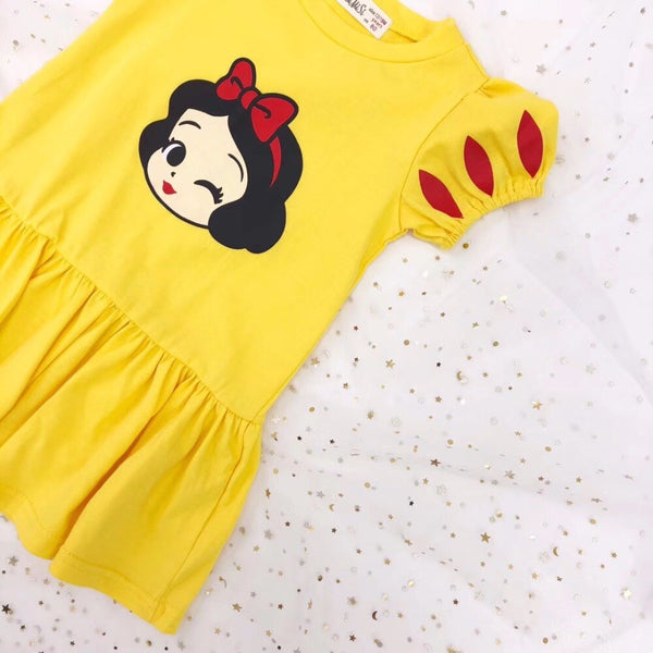 [variant_title] - Summer baby girls dress cartoon character pattern printed cotton yellow blue color kids girls dresses