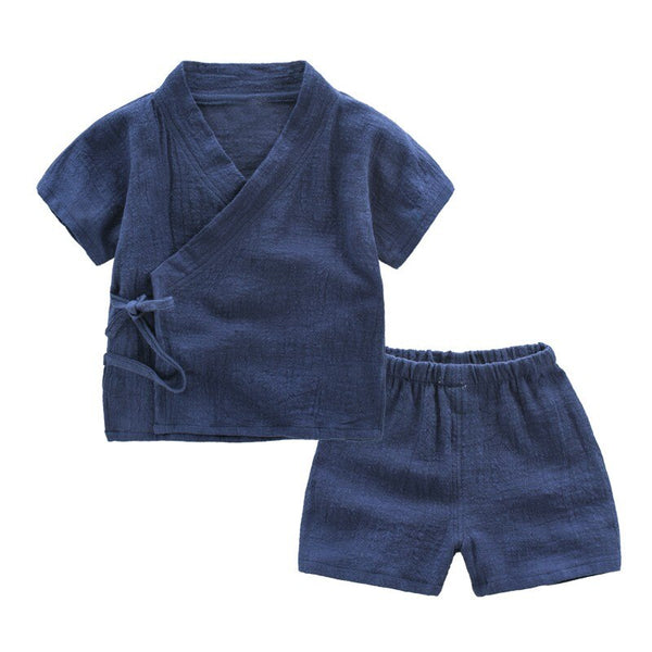 navy / 2T - COOTELILI Cotton Linen Summer Children Clothing Sets Toddler Kids Boys Clothes Sets Breathable Tops + Shorts For Boys 90-130cm