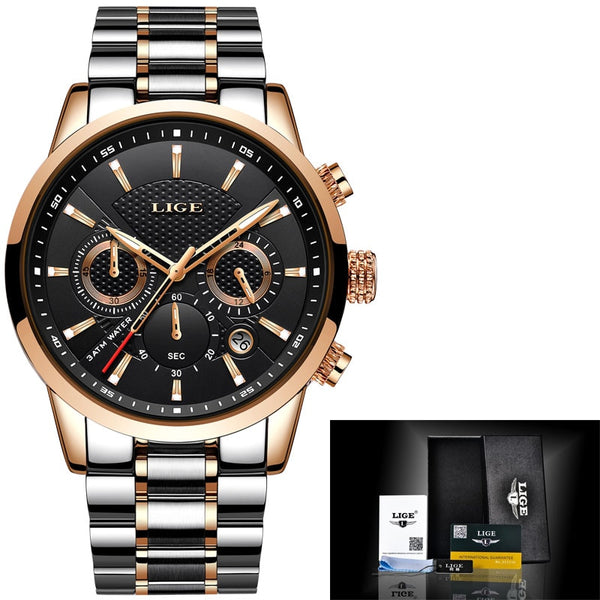 gold black - LIGE 2018 Watch Men Fashion Sport Quartz Clock Mens Watches Brand Luxury Full Steel Business Waterproof Watch Relogio Masculino