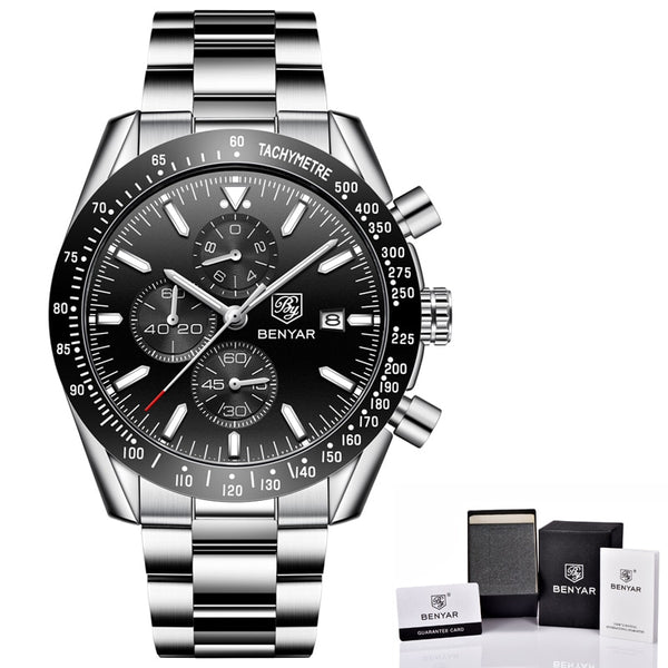 Steel Silve Black B - BENYAR Men Watches Brand Luxury Silicone Strap Waterproof Sport Quartz Chronograph Military Watch Men Clock Relogio Masculino