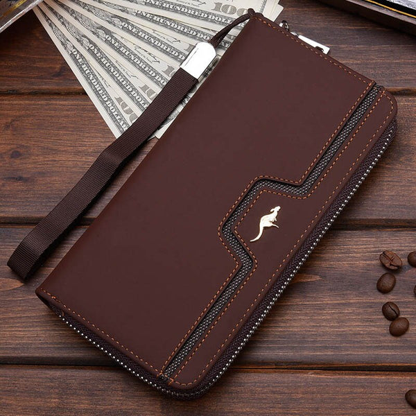 Coffee C - New Men Leather Wallet High Quality Zipper Wallets Men Long Purse Male Clutch Phone Bag Wristlet Coin Purse Card Holder MWS184