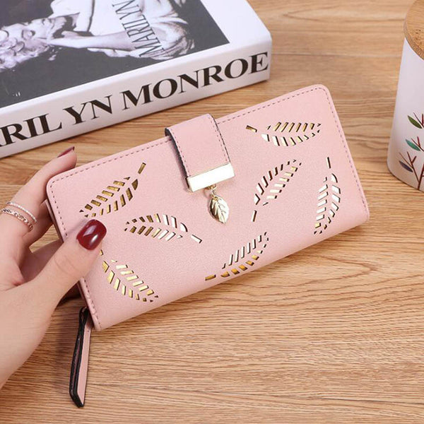 Pink - Women Wallet PU Leather Purse Female Long Wallet Gold Hollow Leaves Pouch Handbag For Women Coin Purse Card Holders Clutch