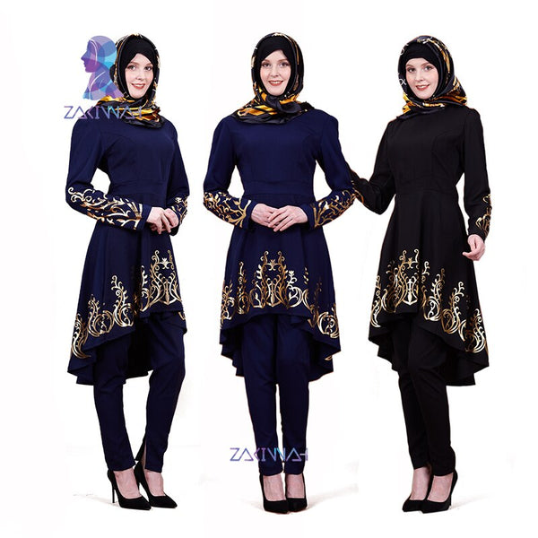 [variant_title] - ZK009lot Muslim hot stamping top gilded Printing Women's clothing Middle East Solid color Ramadan Islamic Abaya 3pieces/lot