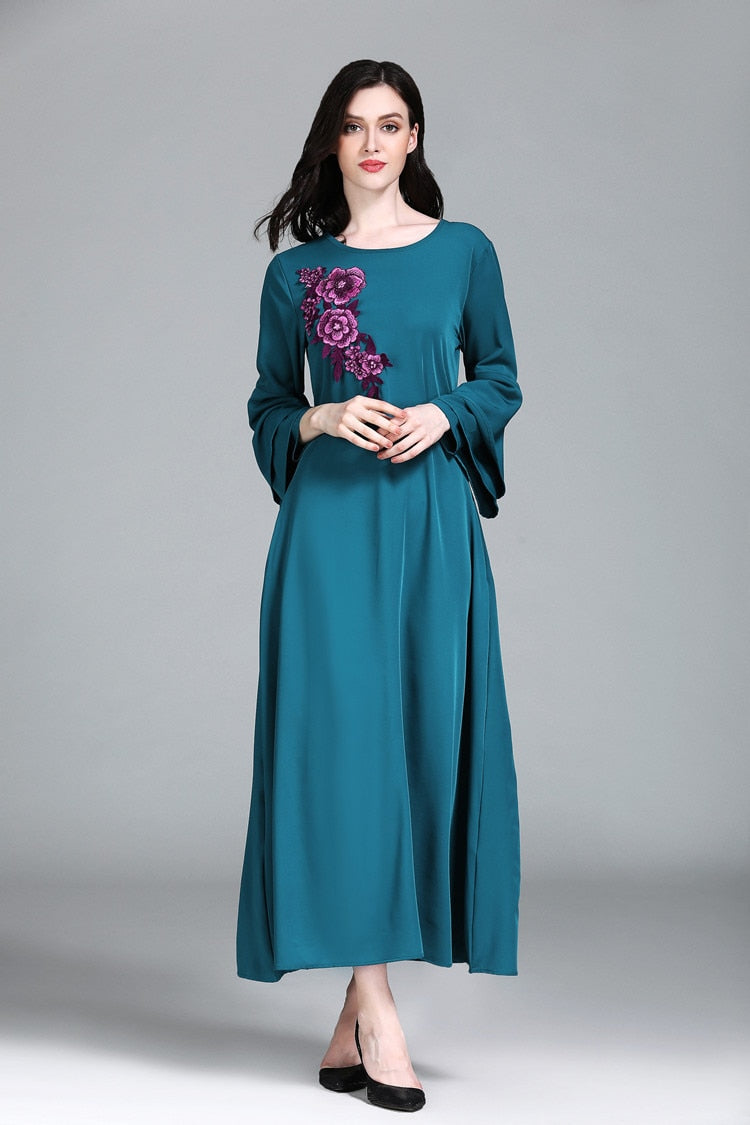 BLUE / LARGE - Women Muslim Dresses 2Xl Plus Size Abaya Casual Floral Islamic Clothing Ladies Middle East Big Size Long Robes Office Lady 2019