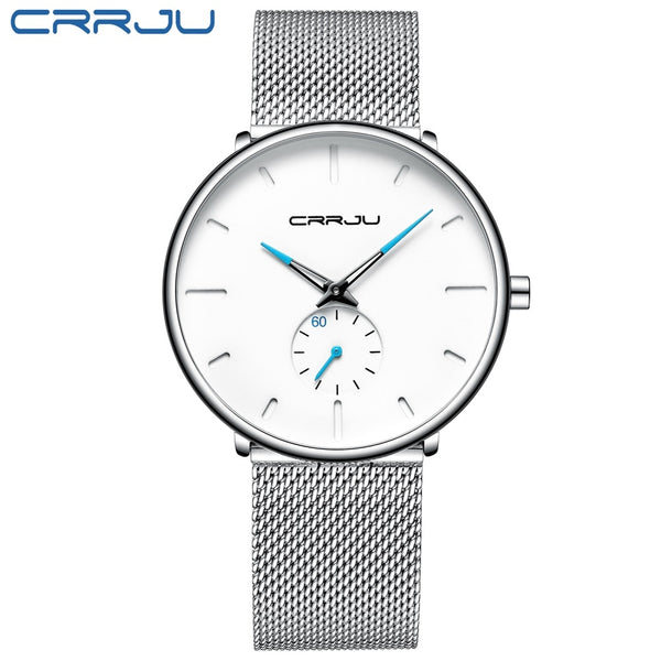 silver white - Crrju Fashion Mens Watches Top Brand Luxury Quartz Watch Men Casual Slim Mesh Steel Waterproof Sport Watch Relogio Masculino