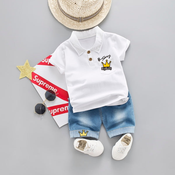 [variant_title] - baby boys summer clothes newborn children clothing sets for boy short sleeve shirts + jeans cool denim shorts suit