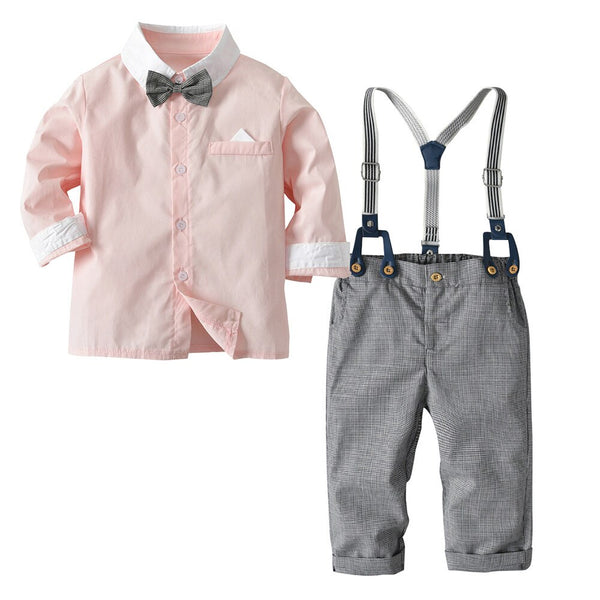 Pink / 18M - 2018 Brand New Fashion Boys Clothes Cotton Long Sleeve Bowtie Gentleman Solid Top T-Shirt Overall Long Pants Baby Clothing Set